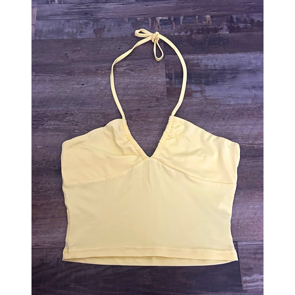 Yellow Halter Tie V-Neck Cropped Knit Stretch Cami Top Women S